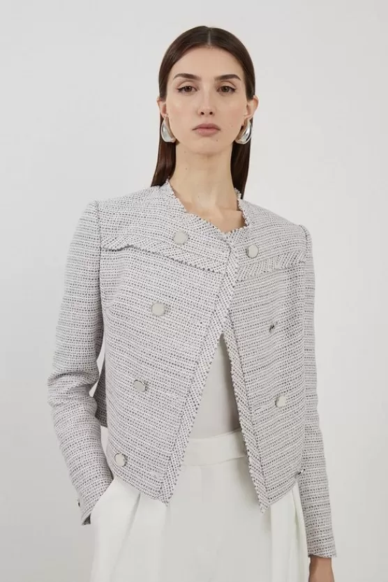 Sale Karen Millen Boucle Double Breasted Collarless Tailored Jacket multi