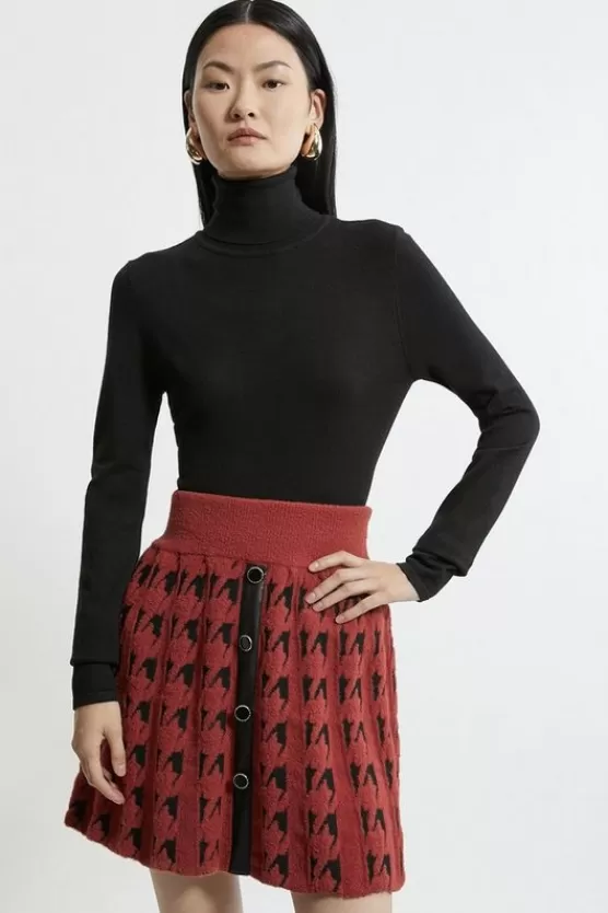 Online Karen Millen Boucle Knit Dogtooth Jacquard Pu Trim Skater Skirt burgundy