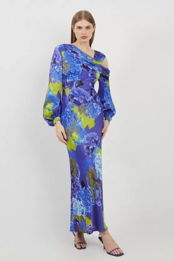Cheap Karen Millen Bright Floral Print Satin Cold Shoulder Draped Midi Dress purple