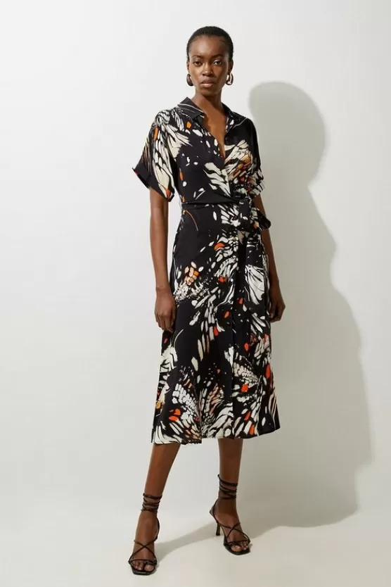 Best Karen Millen Butterfly Print Viscose Crepe Twist Front Midi Shirt Dress black