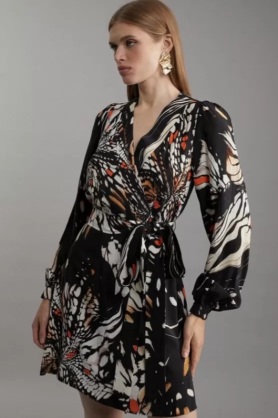 Clearance Karen Millen Butterfly Print Viscose Crepe Woven Wrap Mini Dress black