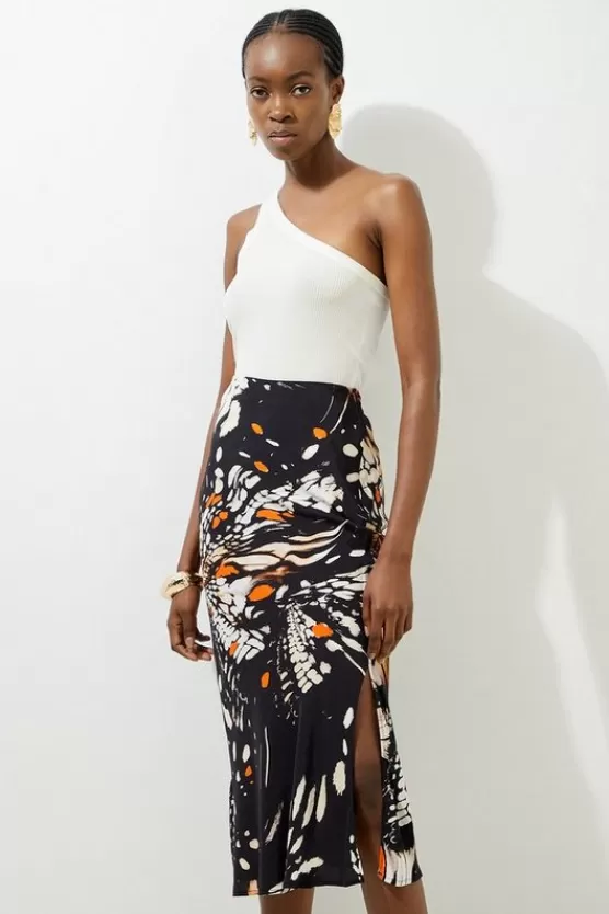 Clearance Karen Millen Butterfly Printed Viscose Crepe Woven Maxi Skirt black