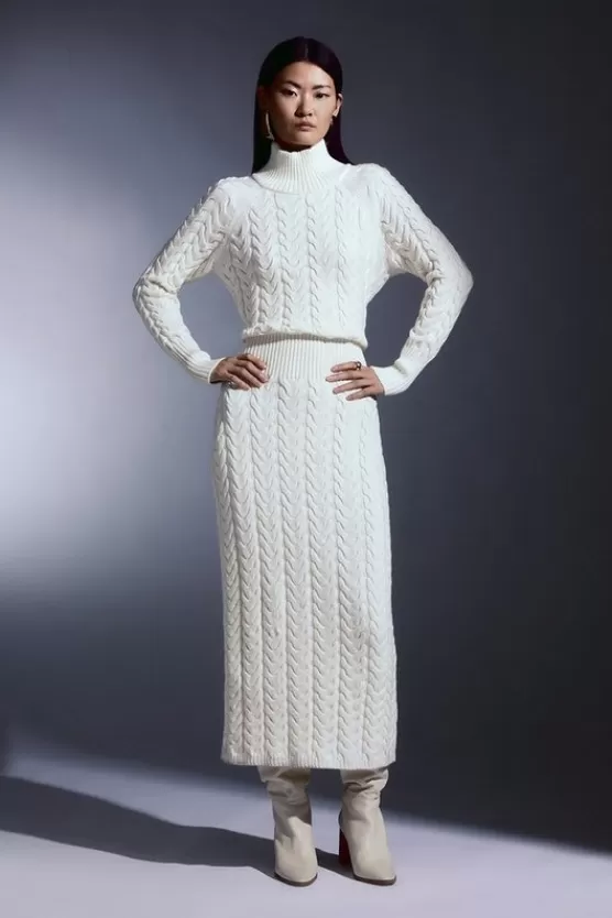 Sale Karen Millen Cable Knit Funnel Neck Maxi Dress ivory