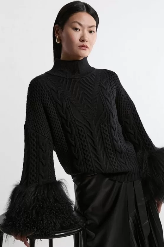 Fashion Karen Millen Cable Knit Viscose Blend Shearling Cuff Sweater black