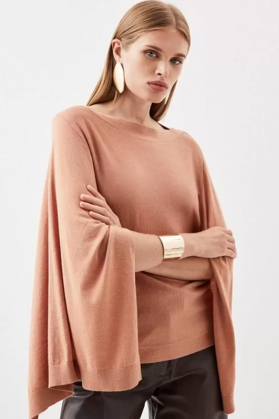 Cheap Karen Millen Cashmere Blend Drama Sleeve Slash Neck Knit Top camel