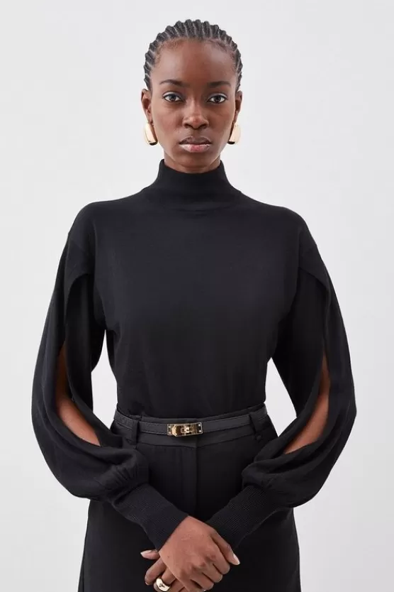 Fashion Karen Millen Cashmere Blend Turtleneck And Split Sleeve Knit Top black