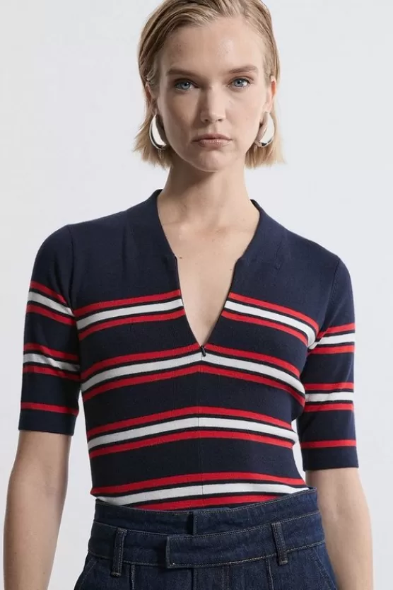 Online Karen Millen Cashmere Blend Zip Detail Knit Polo Top stripe