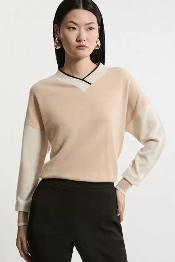 Best Sale Karen Millen Cashmere Knitted V Neck Contrast Wrap Sweater camel