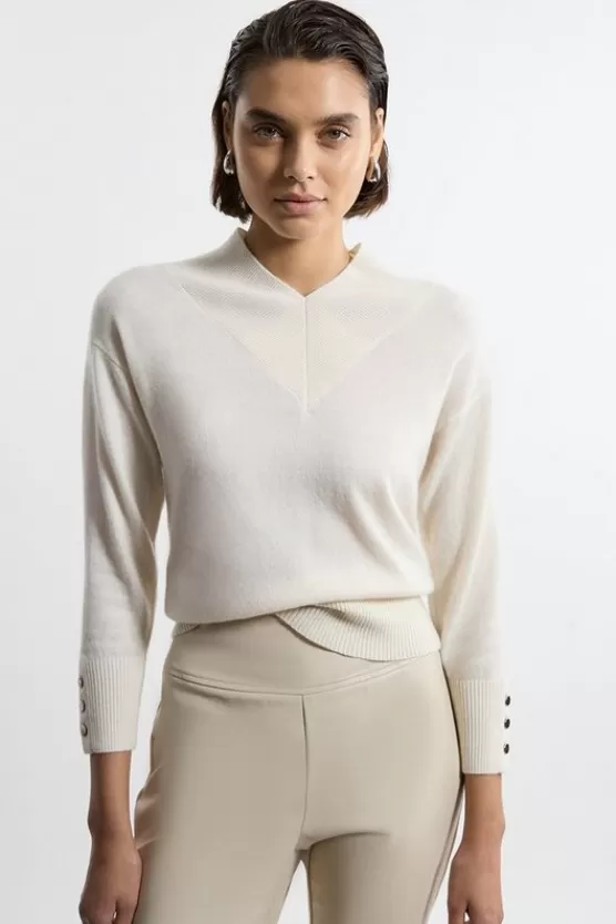 Cheap Karen Millen Cashmere Knitted Wide V Neck Sweater ivory