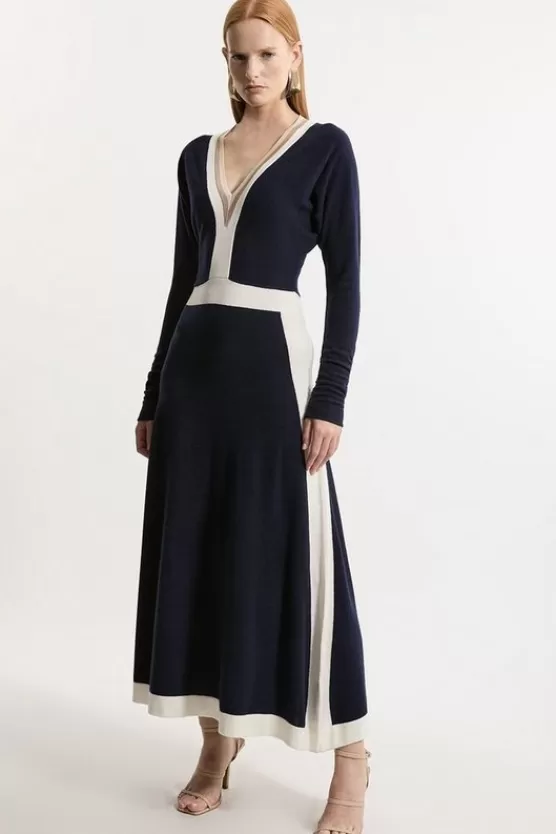 Outlet Karen Millen Cashmere Wool V Neck Color Block Dress navy