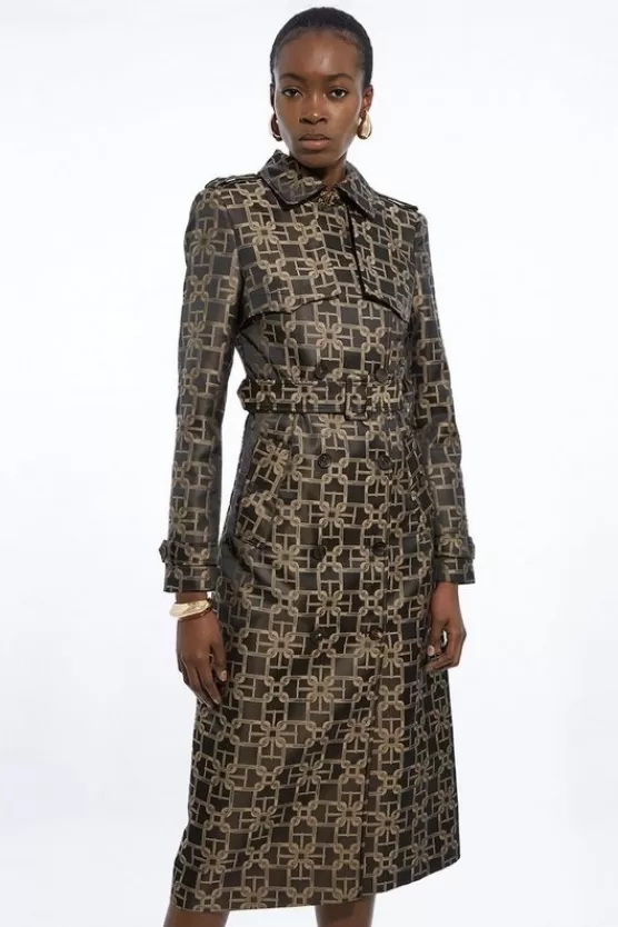 Best Sale Karen Millen Chain Jacquard Tailored Double Breasted Belted Trench Midi Coat chocolate