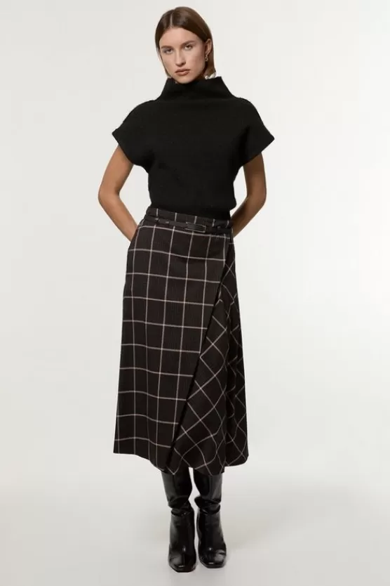 Best Sale Karen Millen Check Pleated Kilt Belted Midi Skirt brown