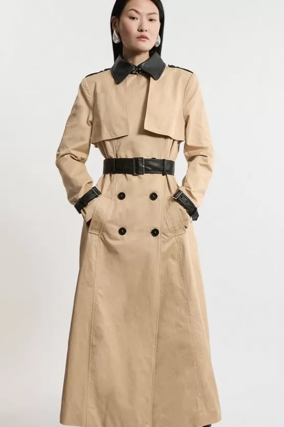 Best Sale Karen Millen Classic Pu Contrast Belted Trench Coat camel