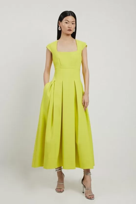 Best Sale Karen Millen Clean Tailored Square Neck Full Skirted Midi Dress yellow