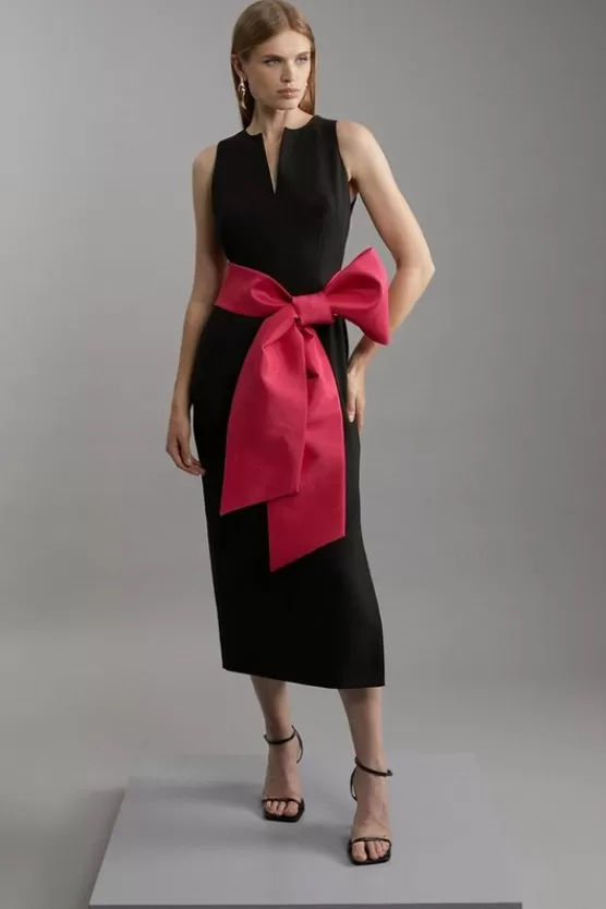 Hot Karen Millen Clean Tailored Taffeta Contrast Bow Tie Waist Midi Dress black