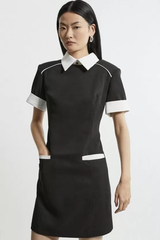 Online Karen Millen Collard Twill Strong Shoulder Woven Mini Dress black