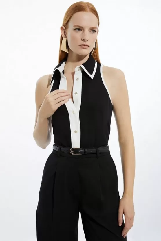 Best Sale Karen Millen Color Block Twill Woven Sleeveless Blouse black