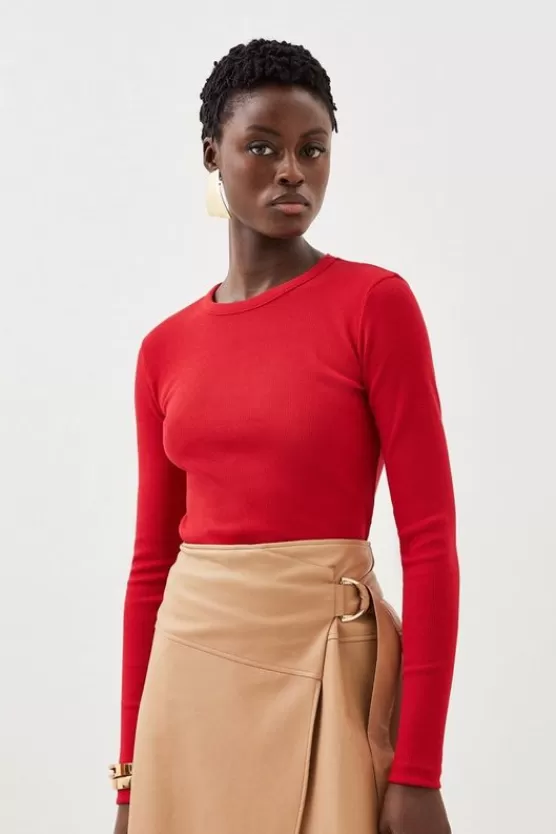 Outlet Karen Millen Compact Jersey Long Sleeve Ribbed Top red