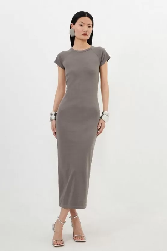 Shop Karen Millen Compact Jersey Rib Cap Sleeve Maxi Dress charcoal