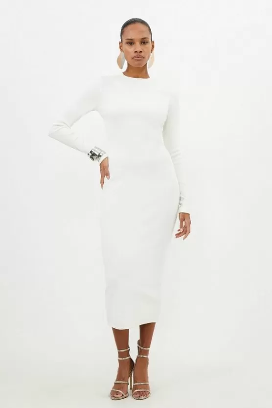 Discount Karen Millen Compact Jersey Ribbed Midi Dress ivory