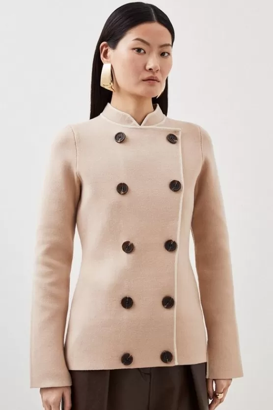 Shop Karen Millen Compact Knit Wool Look Contrast Color Double Breasted Jacket camel