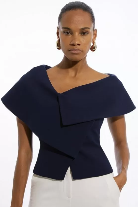 Hot Karen Millen Compact Stretch Asymmetric Collar Tailored Top navy