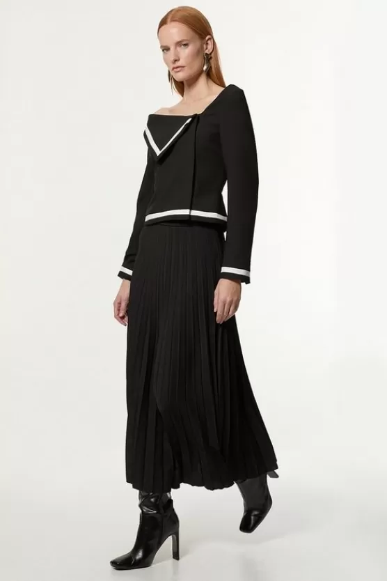 Sale Karen Millen Compact Stretch Asymmetric Neck Color Block Pleated Tailored Midaxi Dress mono