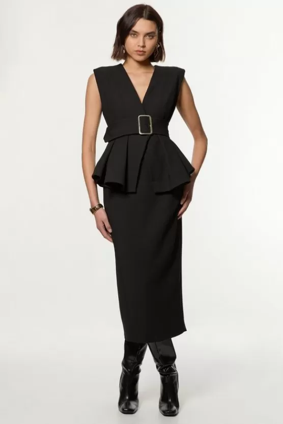 New Karen Millen Compact Stretch Belted Peplum Tailored Maxi Dress black