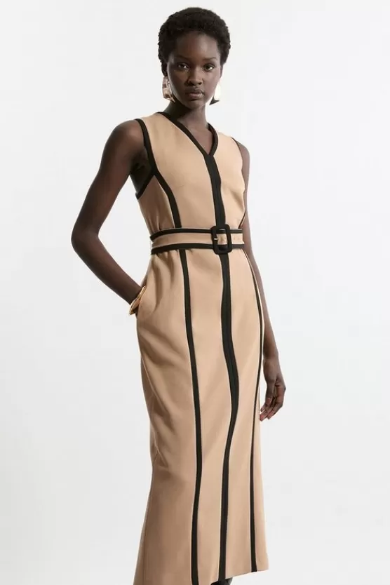 Outlet Karen Millen Compact Stretch Belted Sleeveless Tailored Midi Dress camel