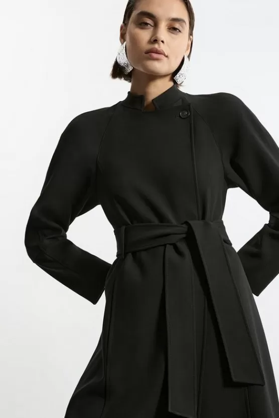 Sale Karen Millen Compact Stretch Belted Tailored Midi Coat black