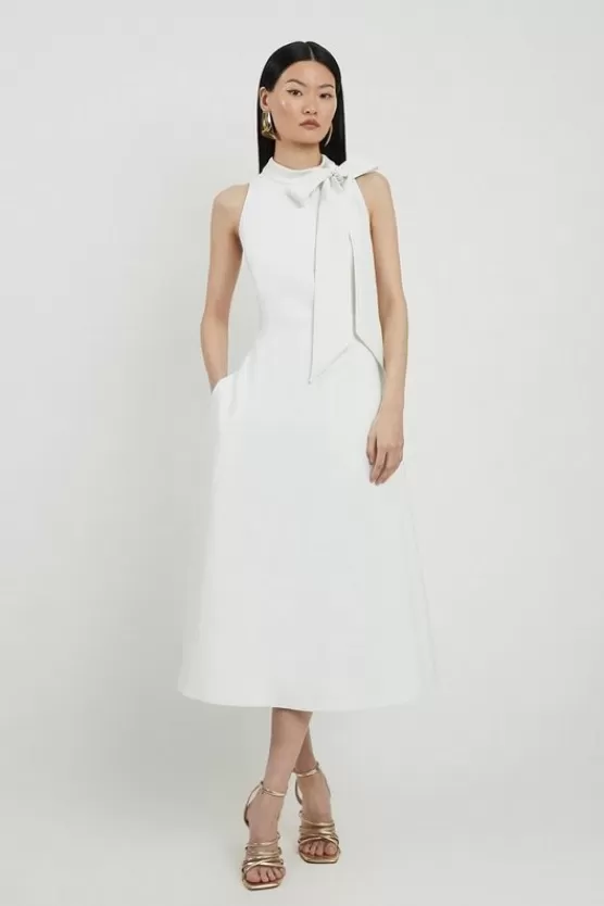 Best Sale Karen Millen Compact Stretch Bow Tie Neck Full Skirted Midi Dress ivory