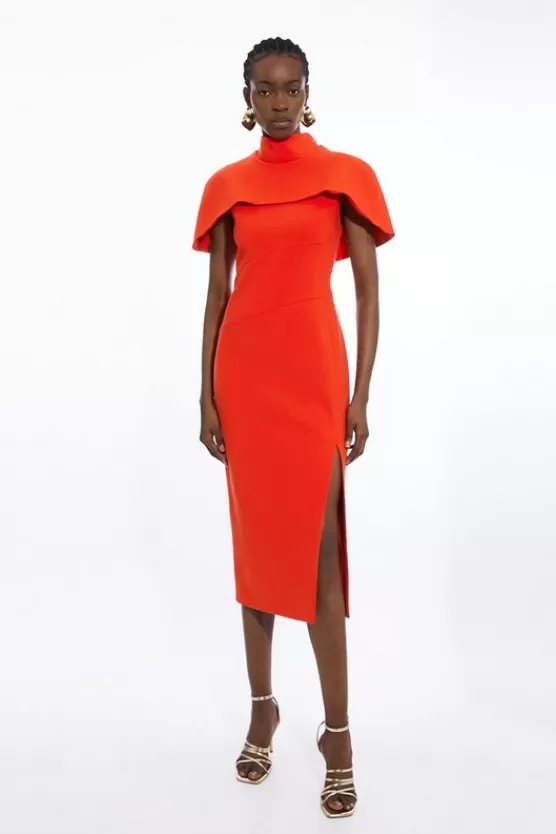 Hot Karen Millen Compact Stretch Caped Cap Sleeved Neck Tie Tailo Midi Dress red
