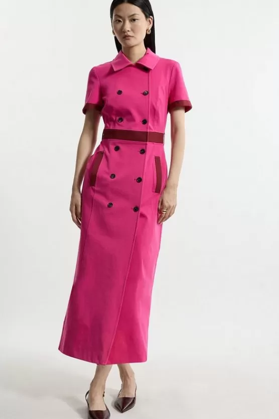 Flash Sale Karen Millen Compact Stretch Color Block Grograin Button Tailored Midi Dress pink