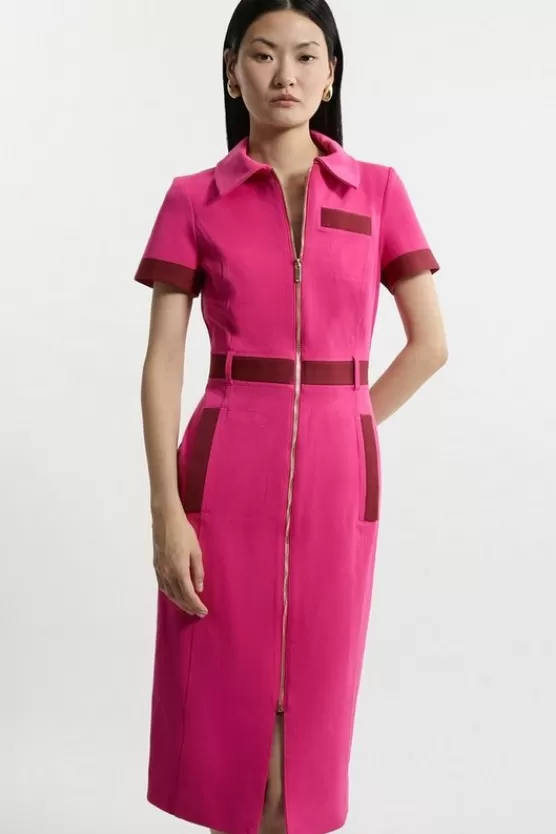 Flash Sale Karen Millen Compact Stretch Color Block Grosgrain Zip Tailored Midi Dress pink