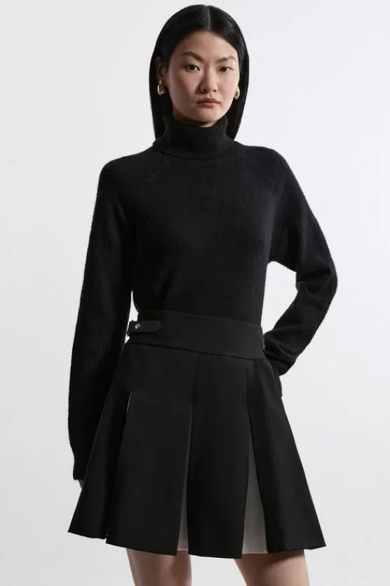 Clearance Karen Millen Compact Stretch Color Block Pleated Tailored Mini Skirt black