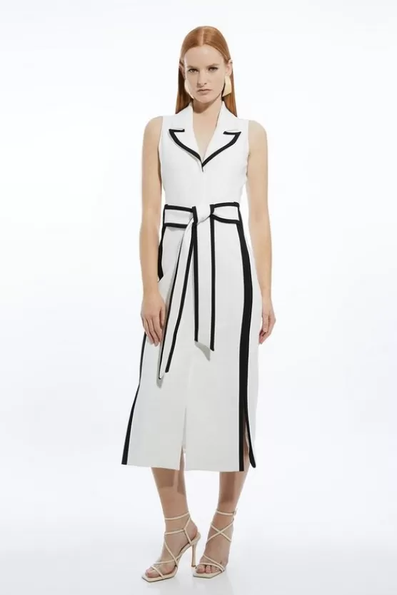 Discount Karen Millen Compact Stretch Contrast Tipped Belted Pencil Maxi Dress ivory