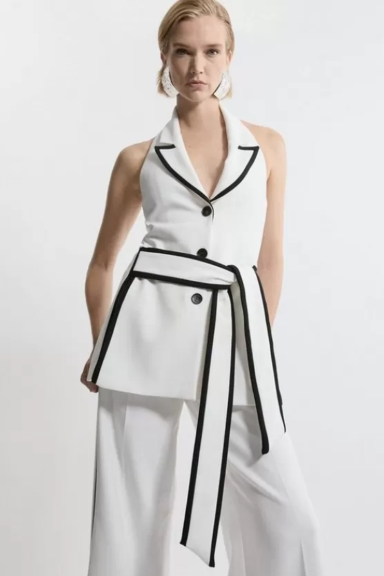 Shop Karen Millen Compact Stretch Contrast Tipped Belted Wide Leg Tailored Jumpsuit ivory