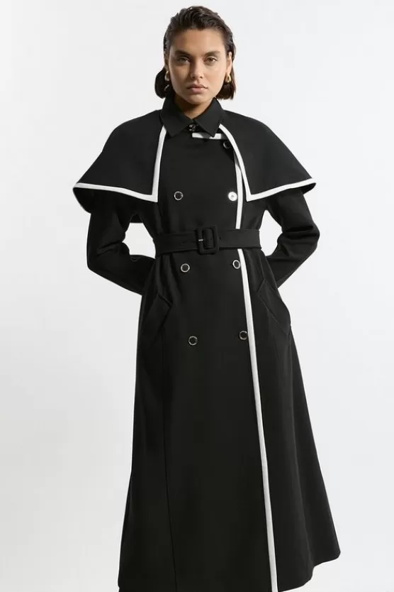 Hot Karen Millen Compact Stretch Contrast Tipped Cape Trench Tailored Midi Coat black