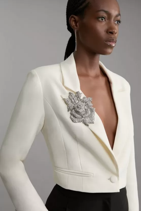 New Karen Millen Compact Stretch Crystal Embellished Rosette Cropped Tailored Blazer ivory