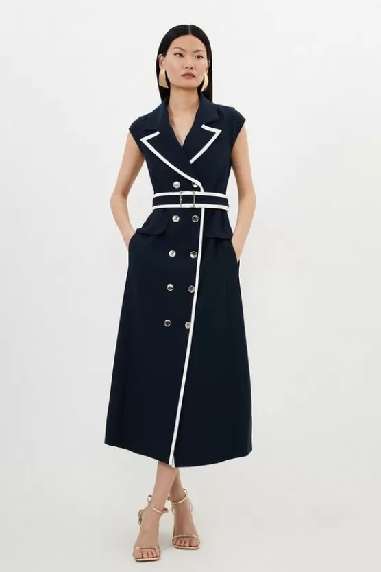 Shop Karen Millen Compact Stretch Double Breasted Belted Tipped Tailored Midi Dress midnight