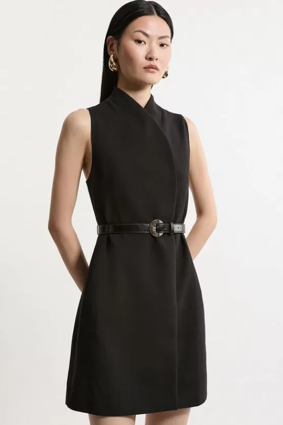 Outlet Karen Millen Compact Stretch Essential Belted Tailored Mini Dress black