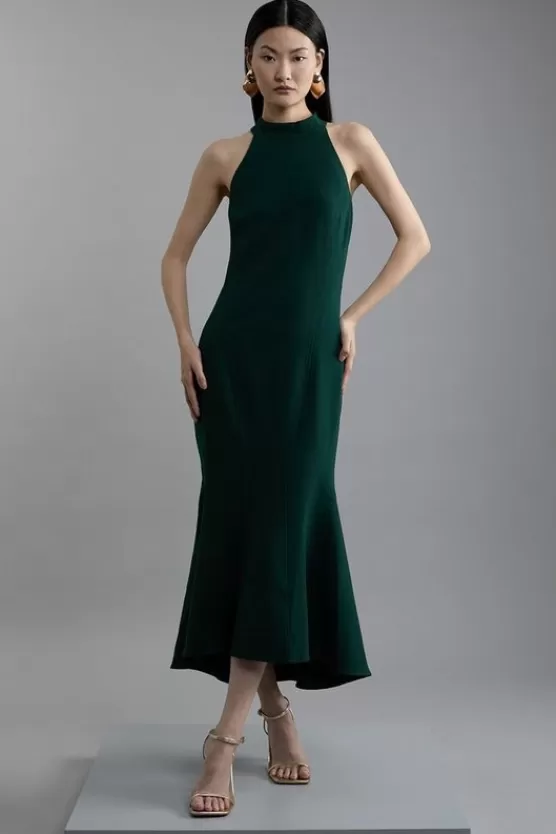 Fashion Karen Millen Compact Stretch Essential Tailored High Neck Dip Hem Midi Dress forest