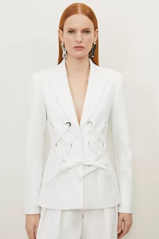 Outlet Karen Millen Compact Stretch Eyelet Detailed Ribbon Jacket ivory