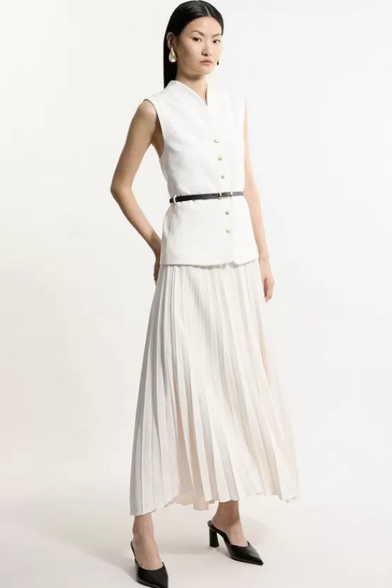 Flash Sale Karen Millen Compact Stretch Fluid Tailored Belted Pleated Full Skirt Midaxi Dress ivory