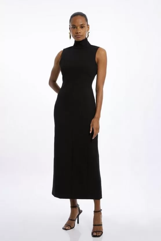 New Karen Millen Compact Stretch High Neck Seamed Midi Dress black