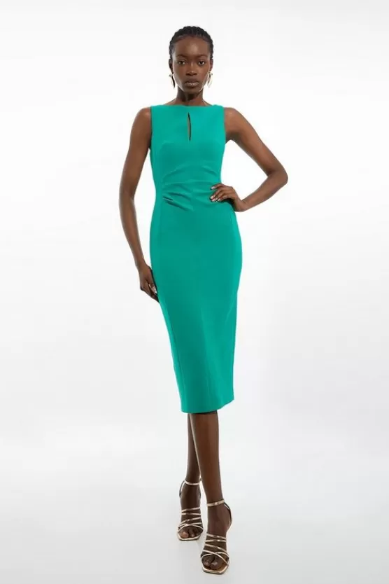 New Karen Millen Compact Stretch Keyhole Neck Tailored Midi Dress emerald