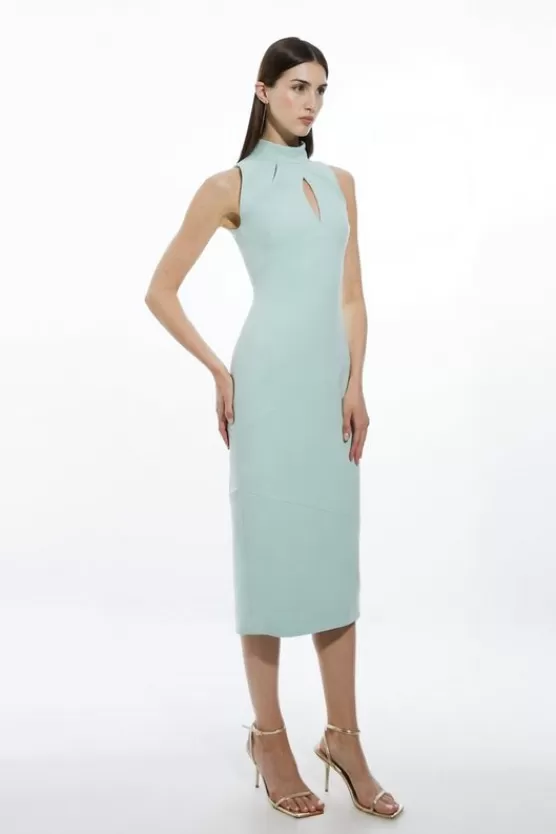 Best Sale Karen Millen Compact Stretch Neck Tie Panelled Midi Dress sage