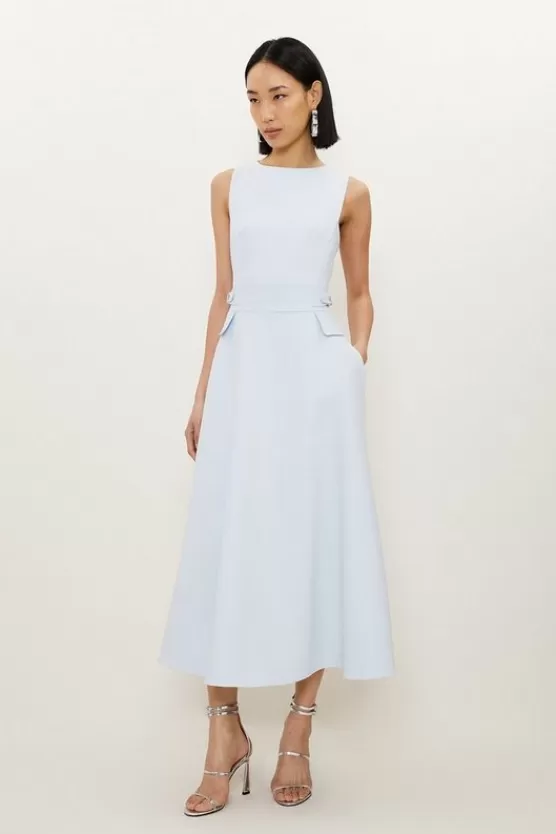 Best Sale Karen Millen Compact Stretch Tab Waist Detail Full Skirt Midi Dress lightblue