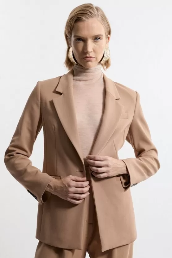 New Karen Millen Compact Stretch Tailored Collared Blazer camel