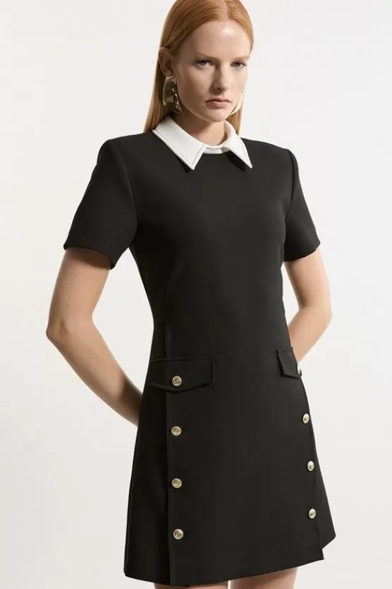 Shop Karen Millen Compact Stretch Tailored Collared Button Detail Mini Dress black